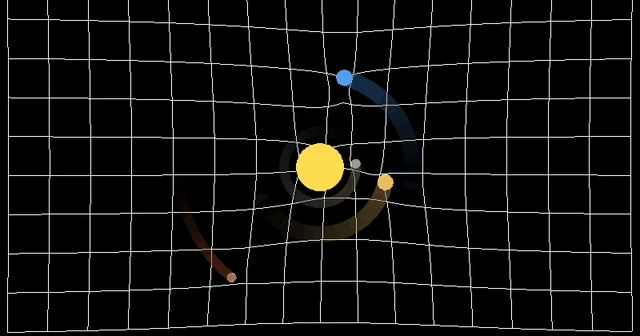 Gravity simulator demonstration showing orbiting bodies and their trails on a spatial grid